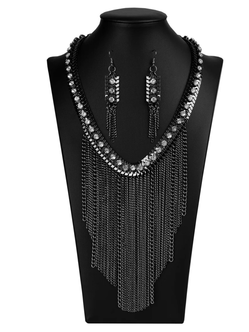 Statement Black Fringe Necklace and Earring Set